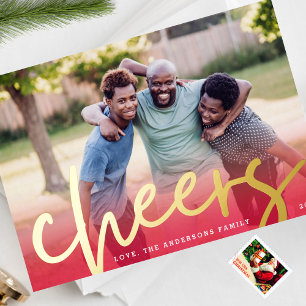 GOLD CHEERS Rode gradiënt Merry-kerstfoto Folie Feestdagenkaart