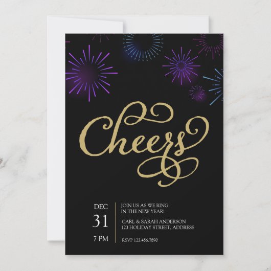 Gold Cheers Script en Blue Paars Fireworks Kaart (Voorkant)