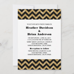 Gold Chevron Glitter Wedding Invite Kaart
