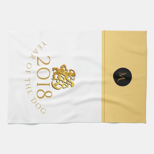 Gold Chinese Dog Papercut 2018 Monogram K Towel Theedoek (Horizontaal)