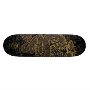 Gold Chinese draak op zwart Skateboard