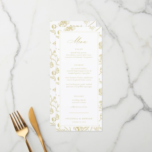 Gold Chinoiserie Floral Wedding Menu (Voorkant / Achterkant in situ)