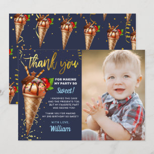 Gold Chocolate Ice Cream Birthday Navy Blue Photo Bedankkaart