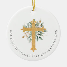 Gold Christelijk Cross Greenery Foto Baptisme Gift Keramisch Ornament