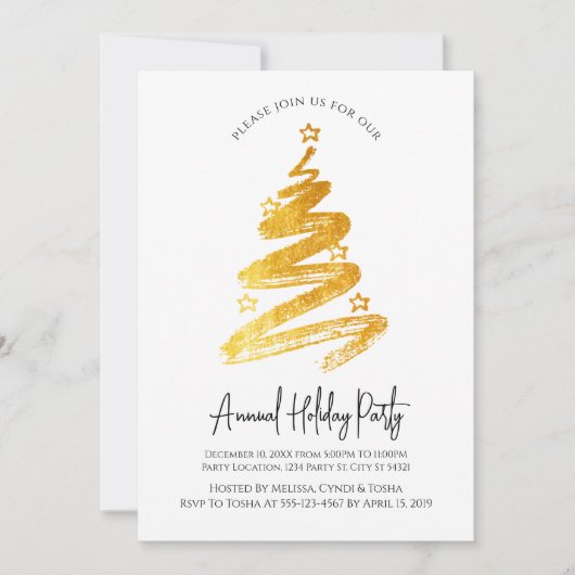 Gold Christmas Tree Fête Invitations (Devant)
