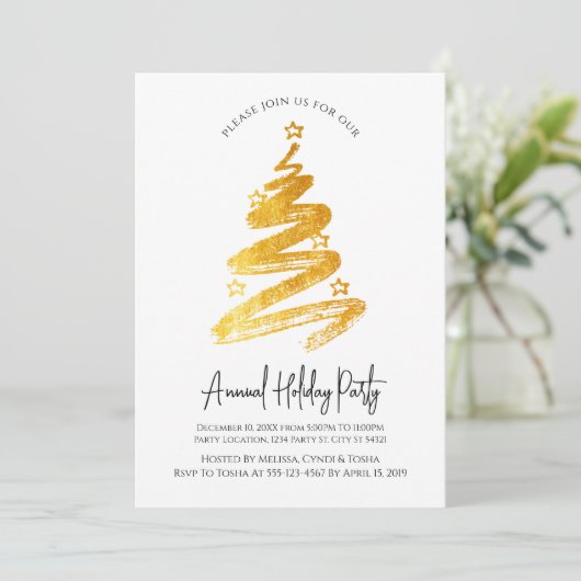 Gold Christmas Tree Fête Invitations (Debout devant)