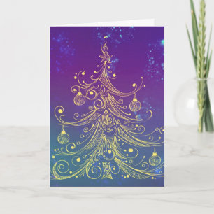 Gold Christmas Tree Motif Purple Teal Feestdagen Kaart