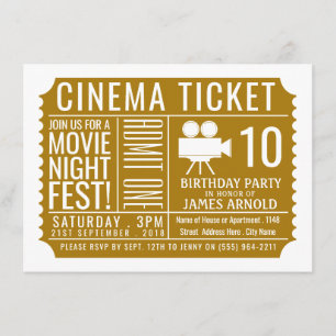 Gold Cinema Ticket, Kind Birthday Party Ticket Informatiekaartje
