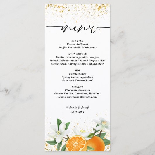 Gold Citrus Orange Script Floral Wedding Menu (Voorkant)