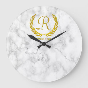 Gold Classic Monogram Laurel Leaf White Marble Grote Klok