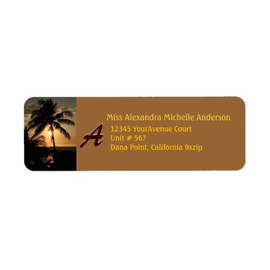 Gold Coast Zonsondergang Palmboom met Monogram Etiket (Voorkant)