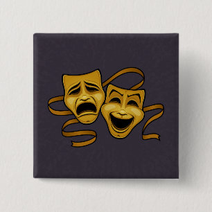 Gold Comedy en tragedie theatermaskers Vierkante Button 5,1 Cm