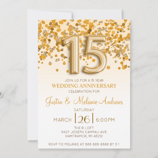 Gold Confetti 15e anniversaire Mariage Invitation (Devant)