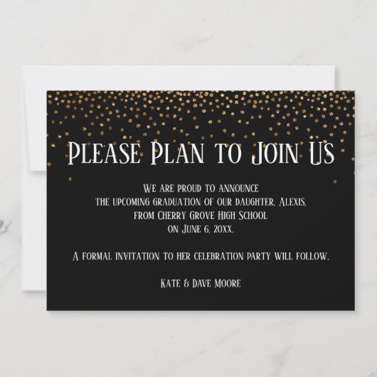 Gold Confetti Black Graduation Party Save the Date (Achterkant)