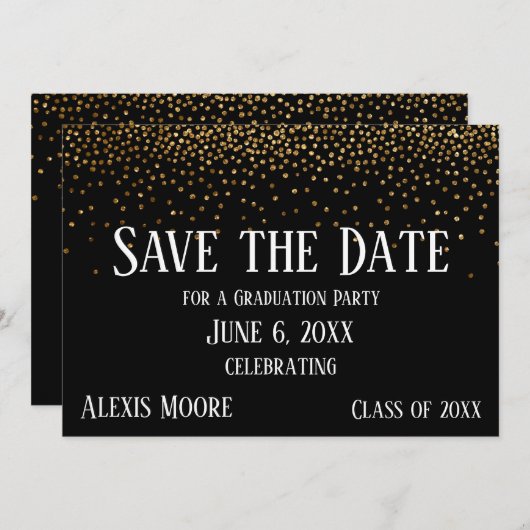Gold Confetti Black Graduation Party Save the Date (Voorkant / Achterkant)