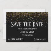 Gold Confetti Black Graduation Party Save the Date Kaart (Voorkant)