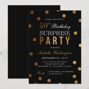 Gold Confetti & Black Surprise Birthday Party Kaart