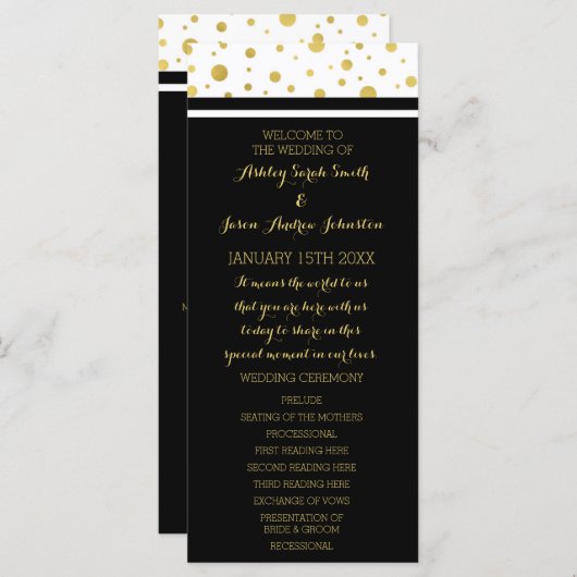 Gold Confetti Black White Wedding Programme (Devant / Derrière)