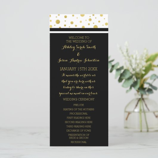 Gold Confetti Black White Wedding Programme (Debout devant)