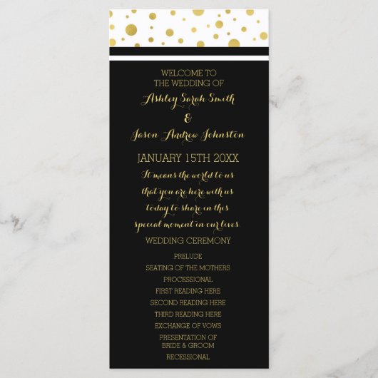 Gold Confetti Black White Wedding Programme (Devant)