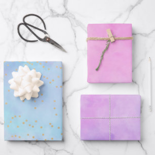 Gold Confetti Blue Pink Paars Girly Waterverf Inpakpapier Vel