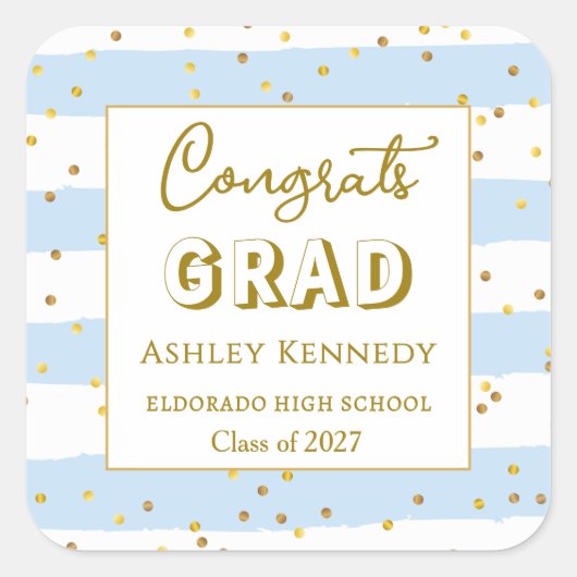 Gold Confetti Blue Stripes Afstuderen Square Vierkante Sticker (Voorkant)