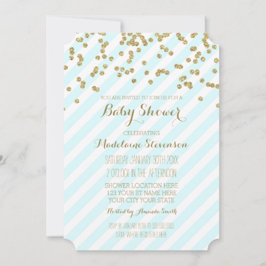 Gold Confetti Blue Stripes Baby Shower Invitations (Dos)