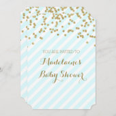 Gold Confetti Blue Stripes Baby Shower Invitations (Devant / Derrière)