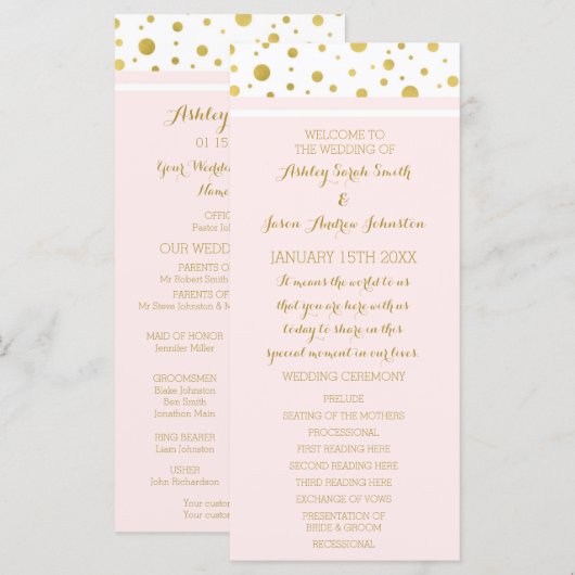 Gold Confetti Blush Pink Wedding Programme (Devant / Derrière)