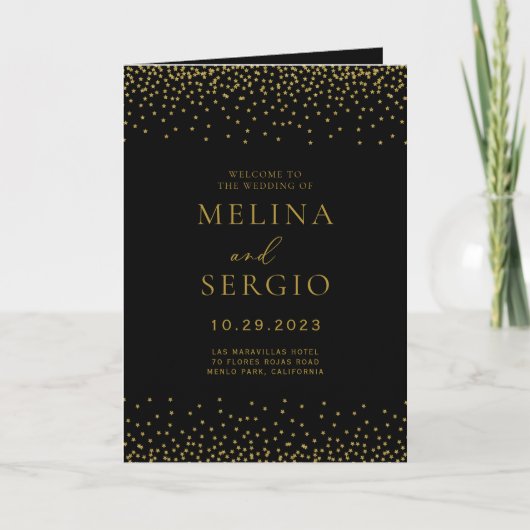 Gold Confetti Boho Black Folded Wedding Programma (Voorkant)