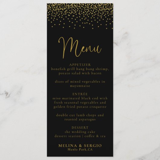 Gold Confetti Boho Black Mariage Menu (Devant)