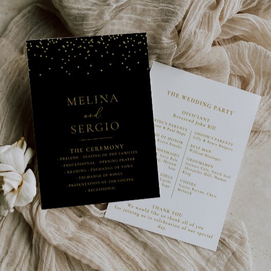 Gold Confetti Boho Black Wedding-programma