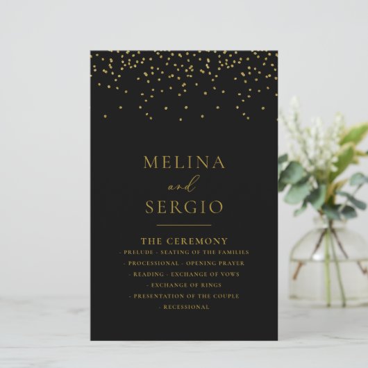 Gold Confetti Boho Black Wedding programme (Debout devant)