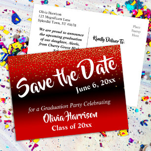 Gold Confetti Bright Red Afstuderen Opslaan datum Briefkaart