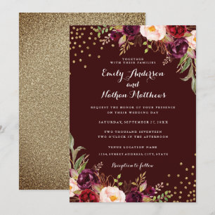 Gold Confetti Burgundy Floral Faire-part de mariag