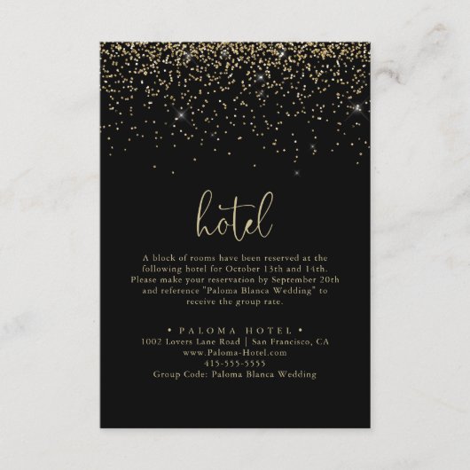 Gold Confetti Calligrafie Fancy Script Hotel Informatiekaartje (Voorkant)