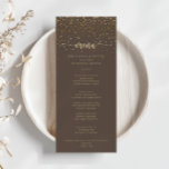 Gold Confetti Calligraphie Menu Dîner Brown<br><div class="desc">Ce confetti d'or calligraphie brun carte menu dîner est parfait pour un mariage rustique. Le design sobre et élégant présente une typographie de script classique et sophistiquée en or. Ce menu peut être utilisé pour une réception de mariage,  un dîner de répétition,  une douche nuptiale ou tout événement.</div>