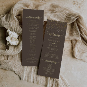 Gold Confetti Calligraphy Brown Wedding Programma