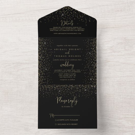 Gold Confetti Calligraphy Fancy Script Wedding All In One Uitnodiging (Binnen)