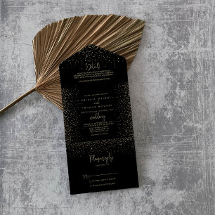 Gold Confetti Calligraphy Fancy Script Wedding All In One Uitnodiging