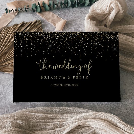 Gold Confetti Calligraphy Fancy Script Wedding Gastenboek