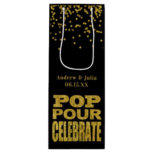 Gold Confetti Celebration | Aangepaste kleur Wijn Cadeautas (Voorkant)