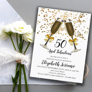 Gold Confetti Champagne Glasses 50th Birthday Uitnodiging Briefkaart