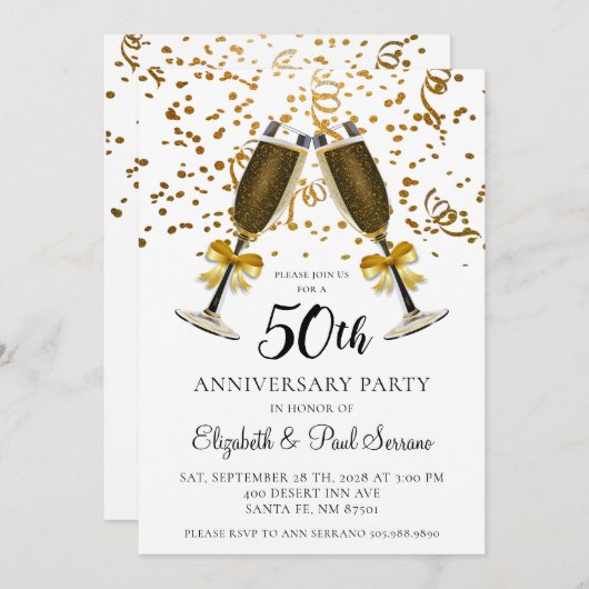 Gold Confetti Champagne Glasses 50th Jubileum Kaart (Voorkant / Achterkant)