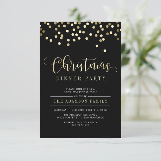 Gold Confetti Dîner de Noël Invitation (Debout devant)