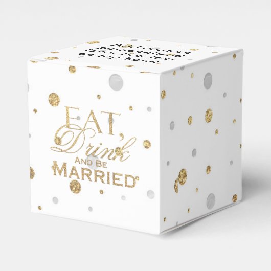 Gold Confetti Eat Drink en moet worden gehuwd Bedankdoosjes (Voorkant Zijde)
