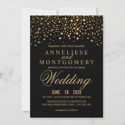 Gold Confetti en Black Wedding Invitation Kaart (Voorkant)