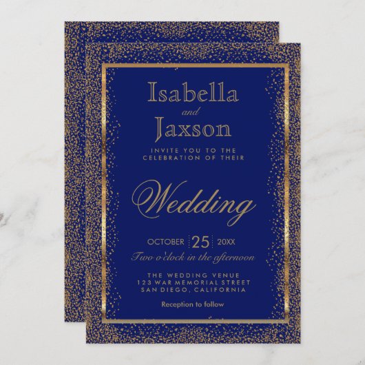 Gold Confetti en Dark Blue Invitation Kaart (Voorkant / Achterkant)