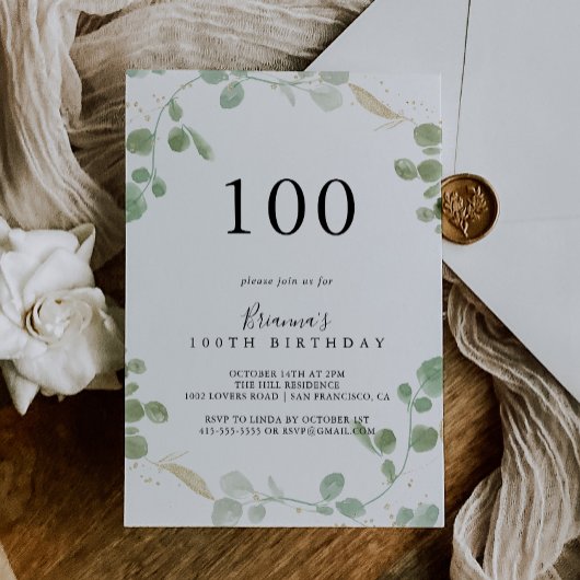 Gold Confetti Eucalyptus 100e verjaardag Kaart