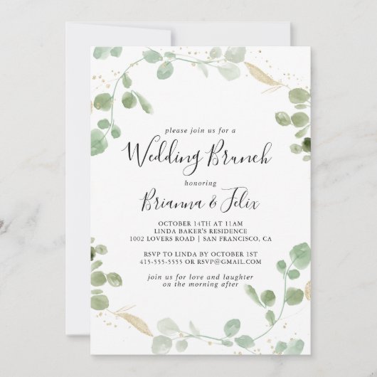 Gold Confetti Eucalyptus Foliage Wedbrale Kaart (Voorkant)